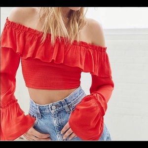 Off the shoulder red long sleeve crop top